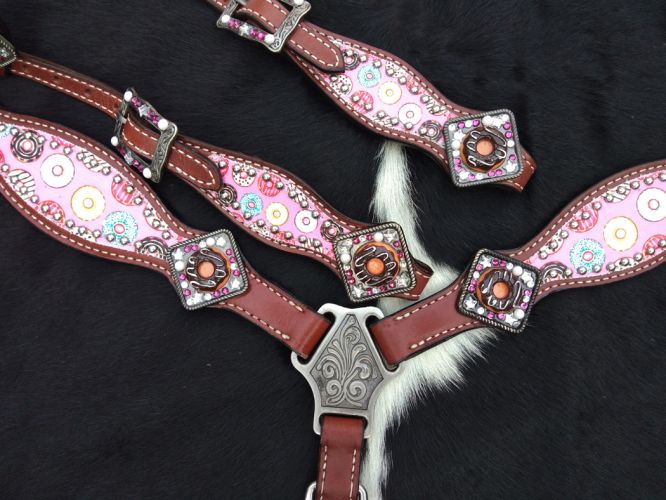 Showman PONY SIZE Donut print headstall and breast collar set with donut conchos #4
